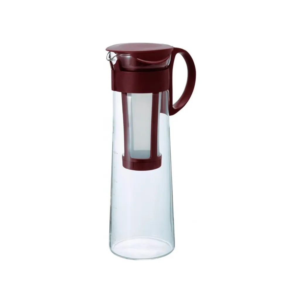 Hario Mizudashi 1L cold brew coffee maker with burgundy lid and handle