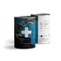 can of coffee with 80plus logo on it and Mediterranean view photo