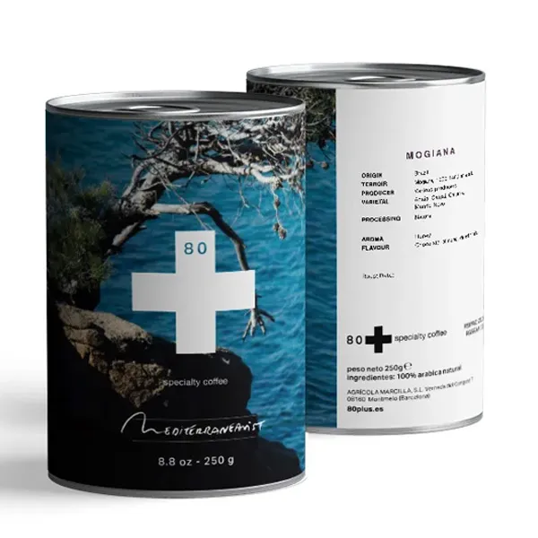 Mogiana Brazilian specialty coffee packaging with two 80plus coffee tins