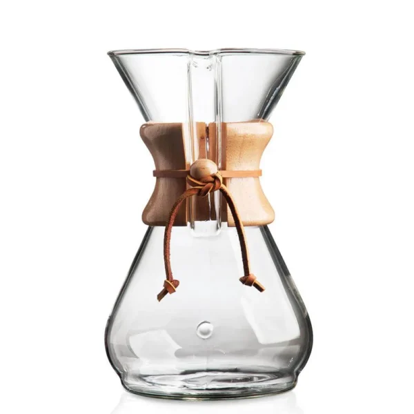 Chemex 6-cup glass pour-over coffee maker with wooden collar and leather tie