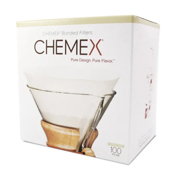 Chemex bonded white paper coffee filters in original box containing 100 filters