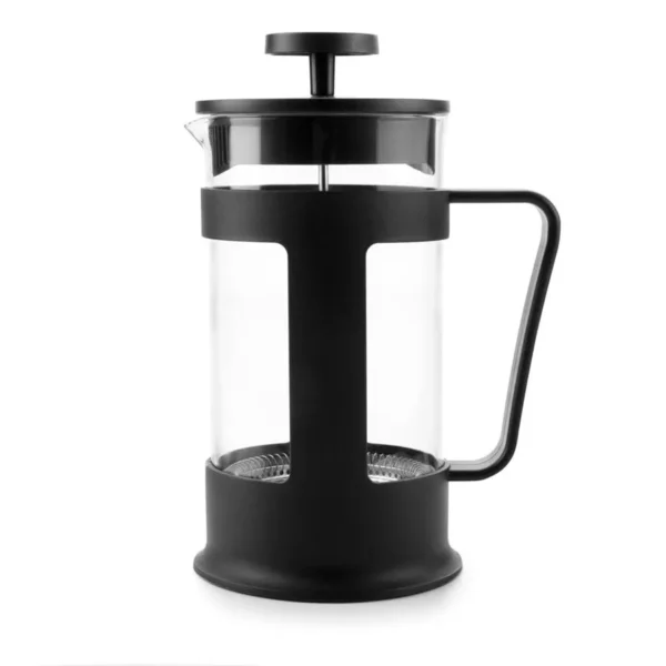 French press coffee maker with transparent glass container, black frame and stainless steel plunger