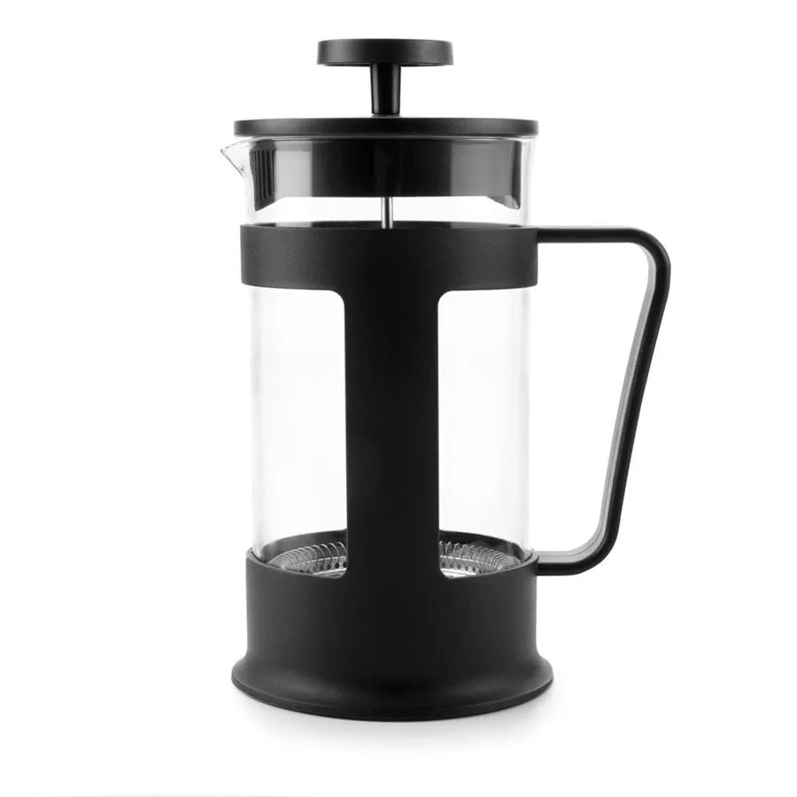 Cafetera de prensa francesa con recipiente de vidrio transparente, estructura negra y émbolo de acero inoxidable