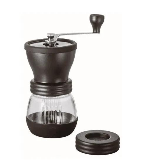 Hario Skerton Plus manual coffee grinder with glass container, hand crank and separate lid