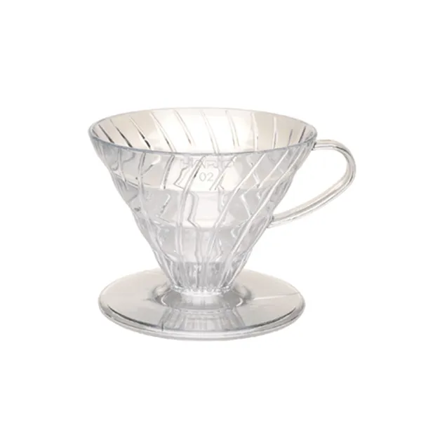 Clear acrylic Hario V60 coffee dripper with spiral ridges and handle