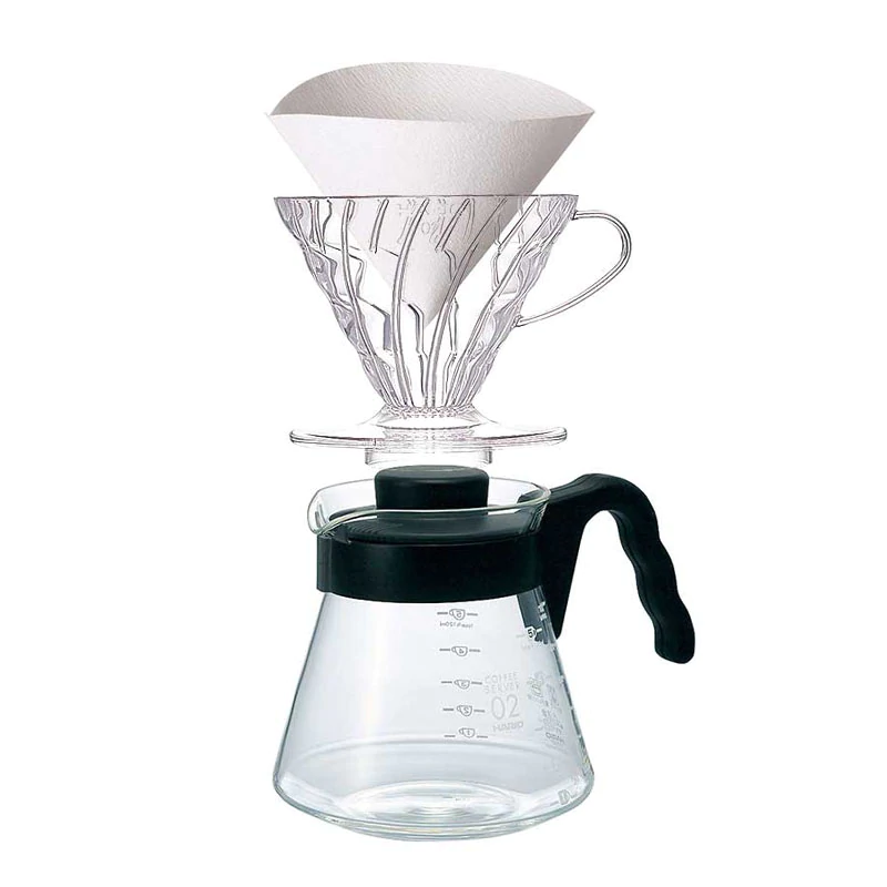 Hario V60 pour over kit with transparent acrylic dripper, paper filter and glass coffee server with black handle