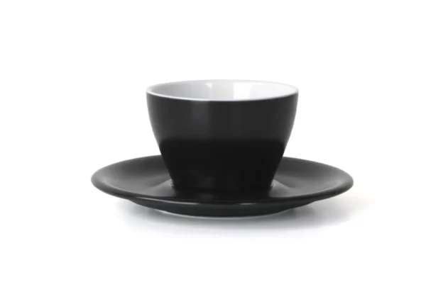 Black notNeutral Meno cappuccino cup with white interior and matching black saucer