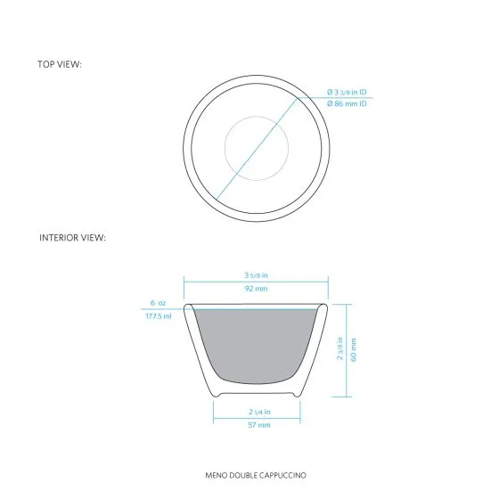 Technical drawing showing the shape and dimensions of the notNeutral Meno cappuccino cup