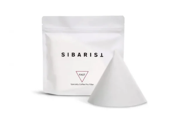 Sibarist FAST Specialty Coffee Filter pack with white cone-shaped paper filter for V60 brewing